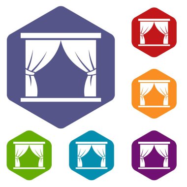 Perde sahne Icons set üzerinde