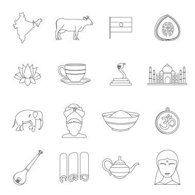 Hindistan Seyahat Icons set, anahat stili