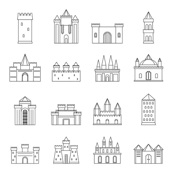Towers and castles icons set, outline style — Stock Vector