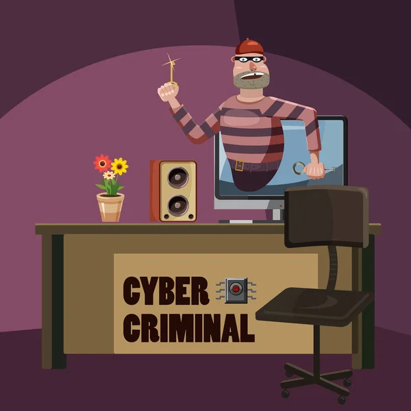 Cyber attacco criminale spia concetto, stile cartone animato — Vettoriale Stock