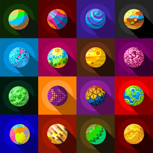 Fantástico conjunto de iconos de planetas coloridos, estilo plano — Vector de stock