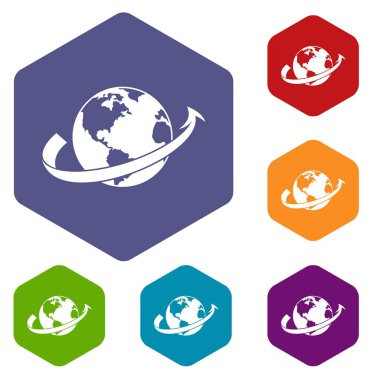 Gezegen Icons set etrafında uçak fly