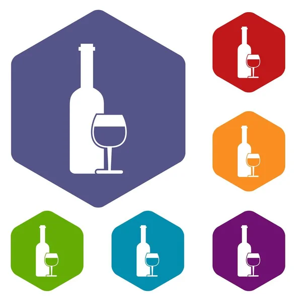 Bouteille de vin et icônes en verre ensemble — Image vectorielle