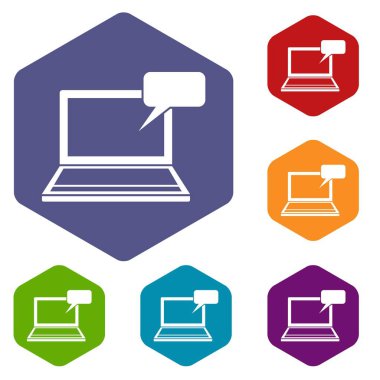 Kabarcık konuşma Icons set ile dizüstü bilgisayar