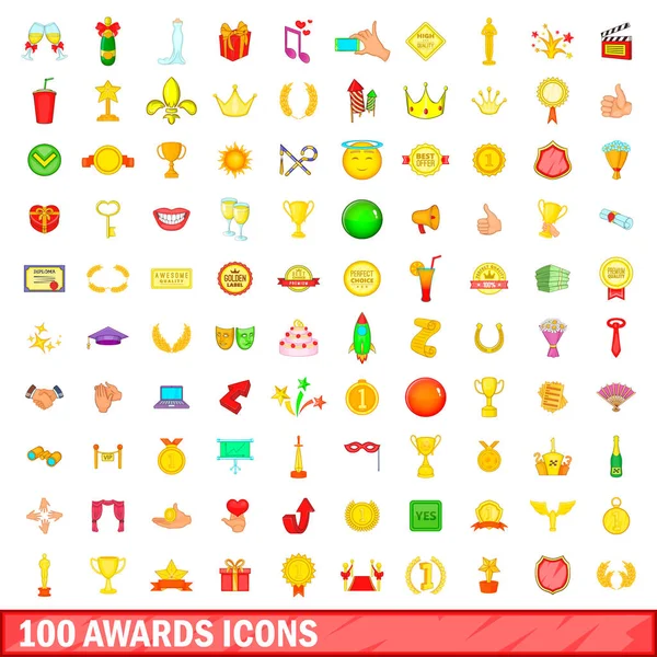 100 set di icone di premi, stile cartone animato — Vettoriale Stock
