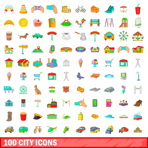 100 kota ikon diatur, gaya kartun - Stok Vektor