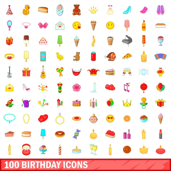 100 conjunto de iconos de cumpleaños, estilo de dibujos animados — Vector de stock