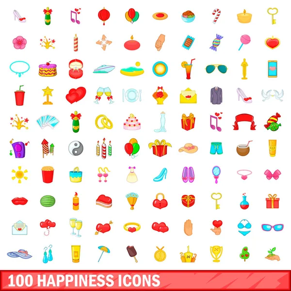 100 iconos de la felicidad conjunto, estilo de dibujos animados — Vector de stock