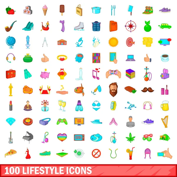 100 conjunto de ícones de estilo de vida, estilo cartoon — Vetor de Stock