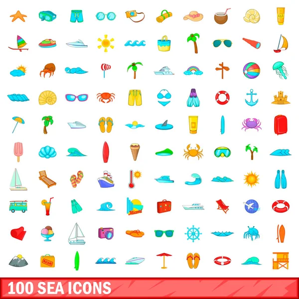 100 морських іконок, мультиплікаційний стиль — стоковий вектор