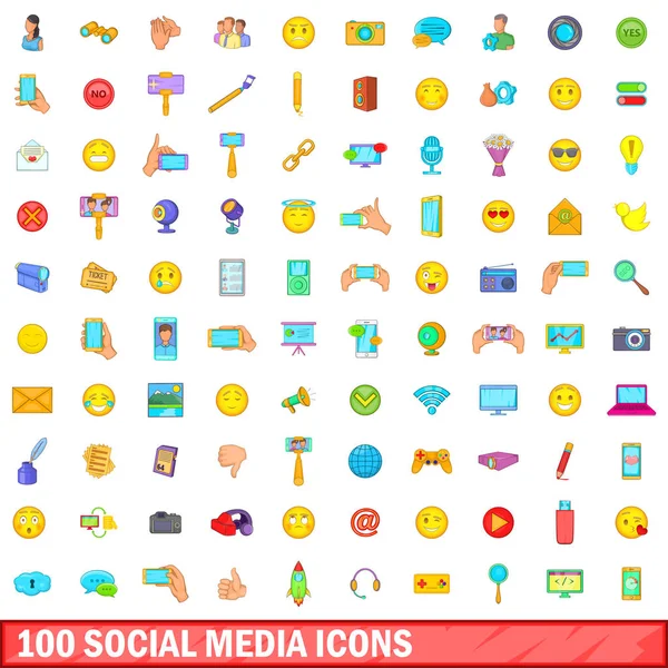 100 iconos de redes sociales conjunto, estilo de dibujos animados — Vector de stock