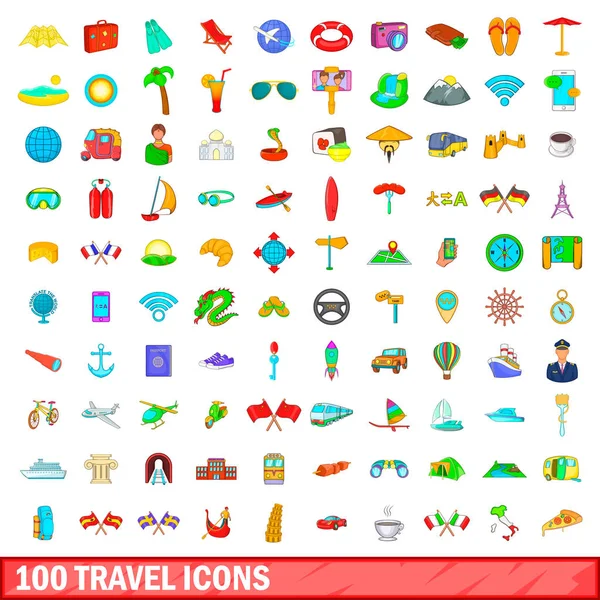 100 iconos de viaje conjunto, estilo de dibujos animados — Vector de stock