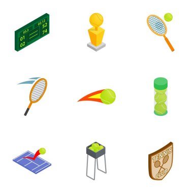Tenis öğeleri Icons set, izometrik 3d stili