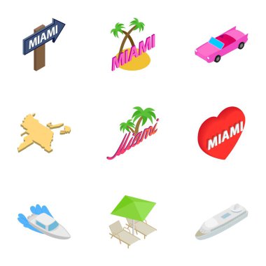 Şehir Miami Icons set, izometrik 3d stili