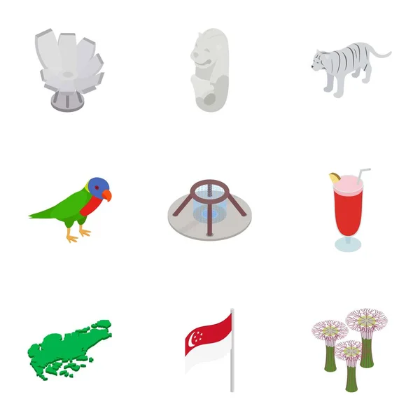 Ensemble d'icônes éléments Singapour, style 3d isométrique — Image vectorielle