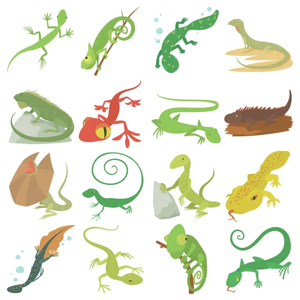 Lagarto tipo animales iconos conjunto, estilo de dibujos animados — Archivo Imágenes Vectoriales