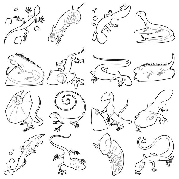 Lizard type animals icons set, outline style