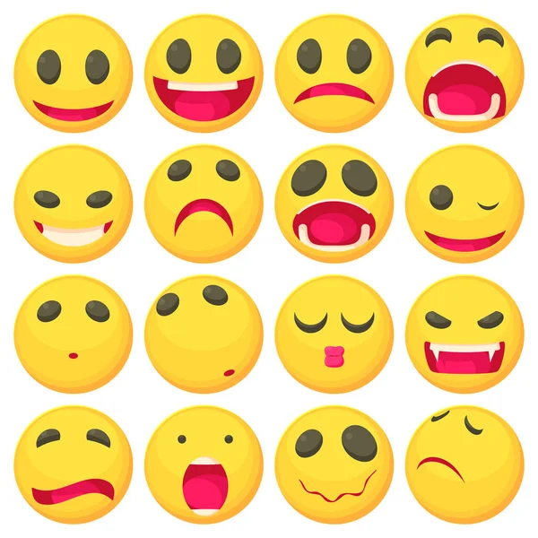 Amarillo sonrisas diversión iconos conjunto, estilo de dibujos animados — Vector de stock
