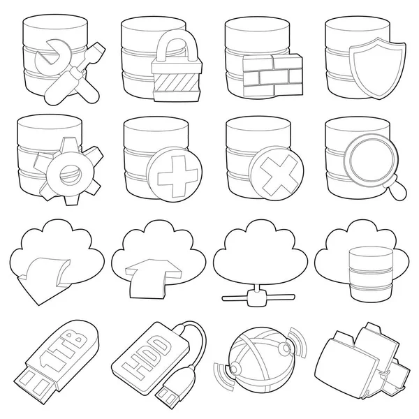 Datenbanksymbole Symbole setzen, Stil umreißen — Stockvektor