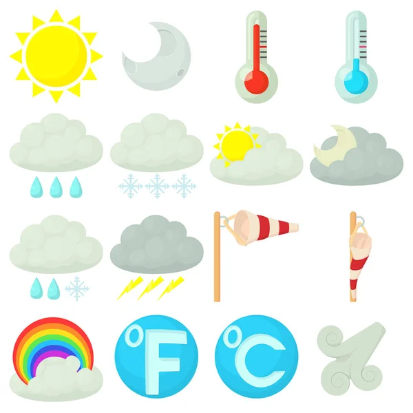 Clima símbolos iconos conjunto, estilo de dibujos animados — Vector de stock