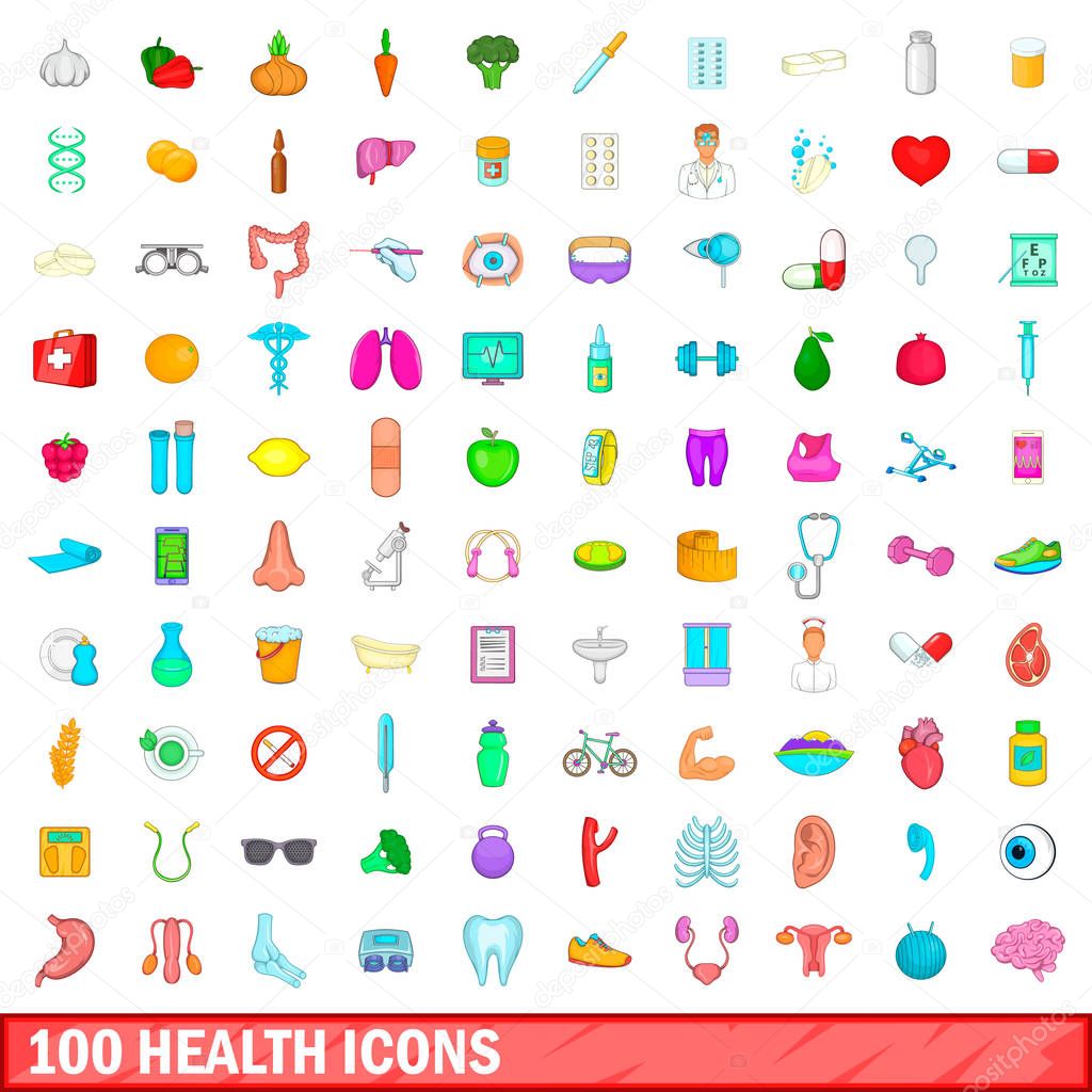 100 health icons set, cartoon style