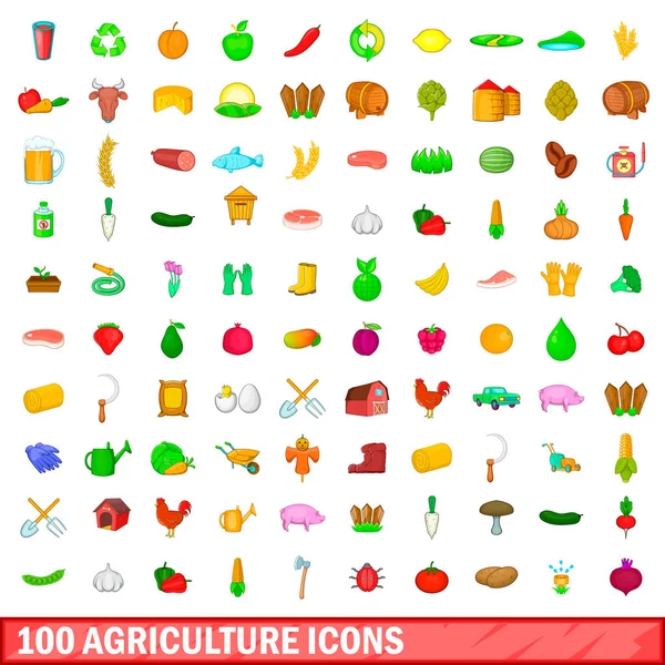 100 іконок сільського господарства, мультиплікаційний стиль — стоковий вектор