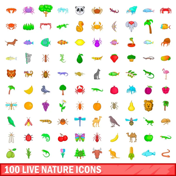 100 iconos de la naturaleza en vivo conjunto, estilo de dibujos animados — Archivo Imágenes Vectoriales