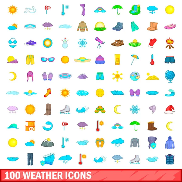 100 іконок погоди, мультиплікаційний стиль — стоковий вектор