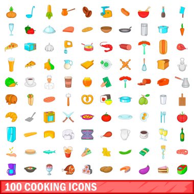 100 Icons set, karikatür tarzı yemek