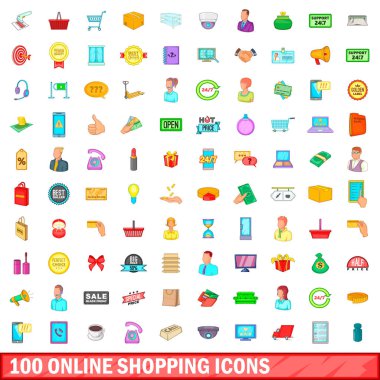 100 online Icons set, alışveriş tarzı çizgi film