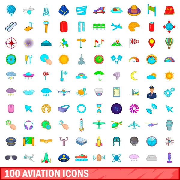 100 iconos de la aviación conjunto, estilo de dibujos animados — Vector de stock