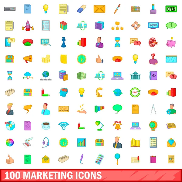 100 marketing pictogrammen instellen, cartoon stijl — Stockvector