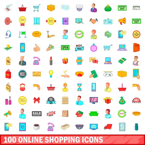 100 ícones de compras on-line conjunto, estilo dos desenhos animados — Vetor de Stock