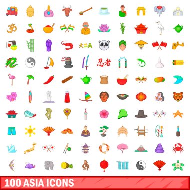 100 Asya Icons set, karikatür tarzı