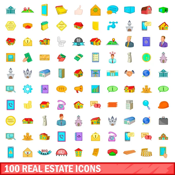 100 房地产图标设置、 卡通风格 — 图库矢量图片