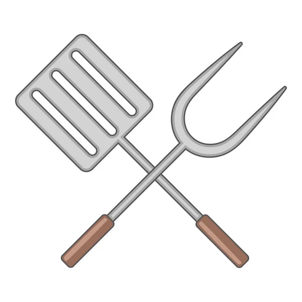 Лопатка и вилка для барбекю икона, стиль мультфильма — стоковый вектор