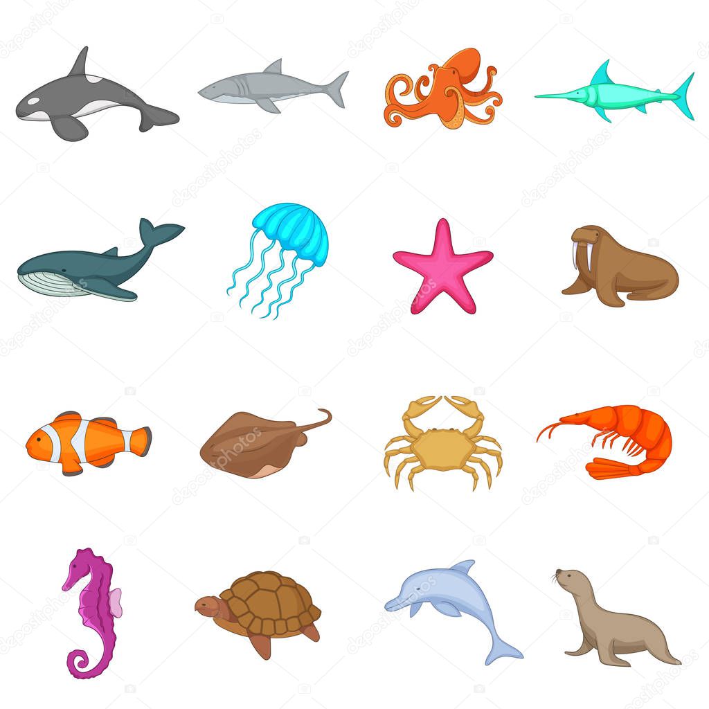 Ocean inhabitants icons set. Cartoon illustration of 16 ocean inhabitants vector icons for web