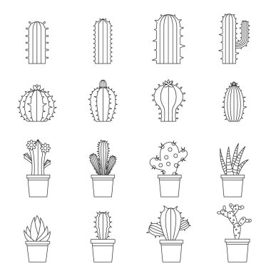 Farklı kaktüsler Icons set, anahat stili