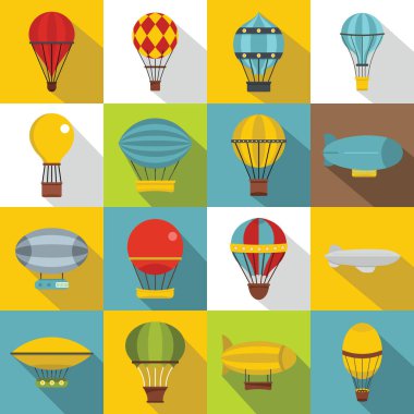 Retro balonlar uçak Icons set, düz stil