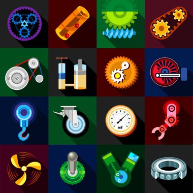 Technical mechanisms icons set, flat style clipart