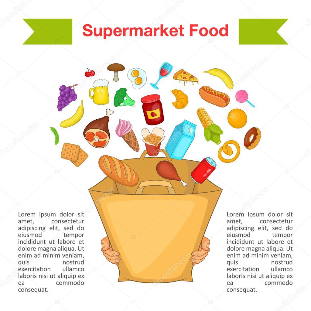 Food supermarket bag concept, cartoon style