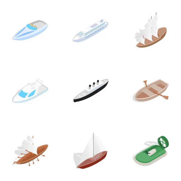 Zee, schip, boot en jacht pictogrammen, isometrische 3D-stijl — Stockvector