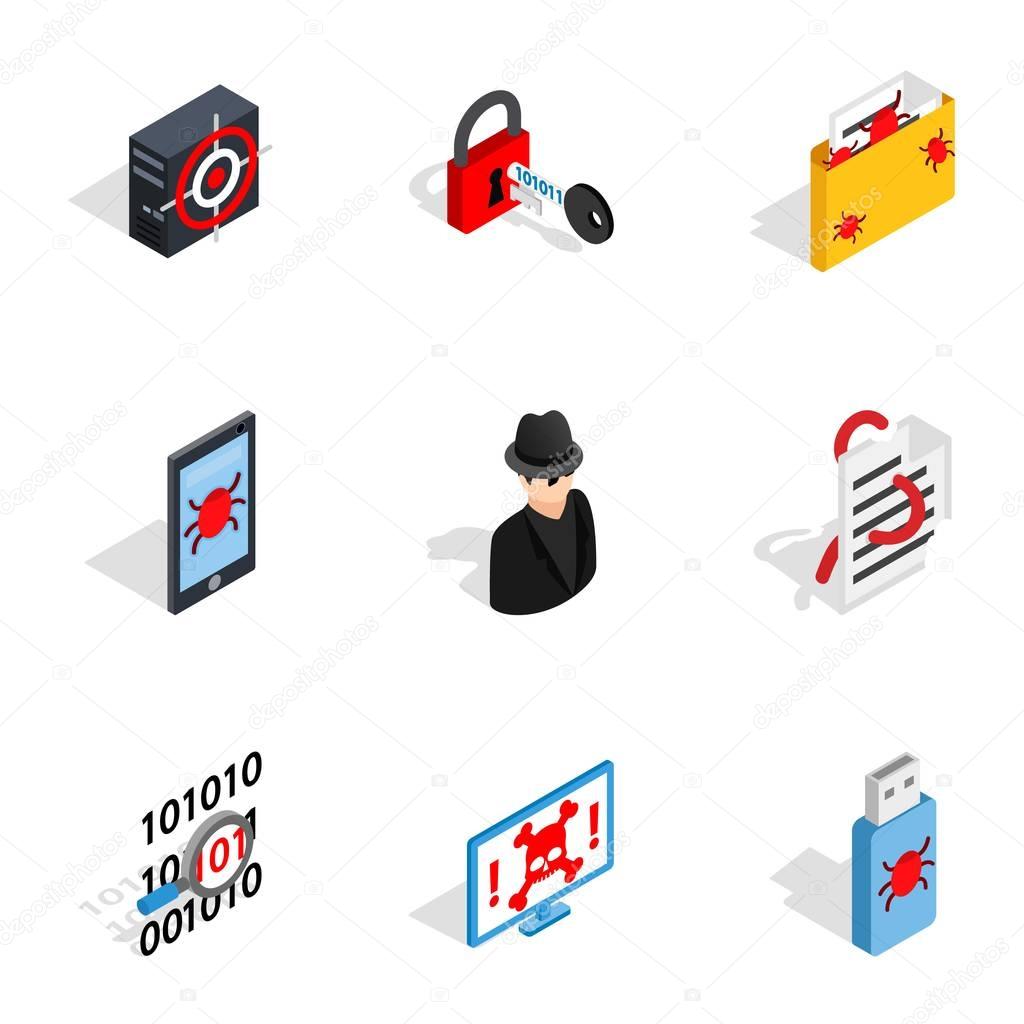 Hacker icons, isometric 3d style