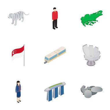 Singapur Icons set, izometrik 3d tarzı hoş geldiniz