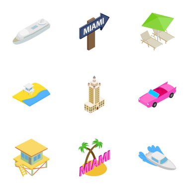 Miami Beach, Florida Icons set, izometrik 3d tarzı