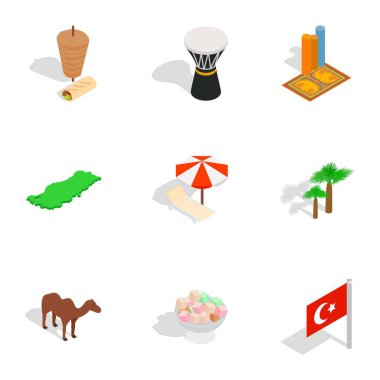 Türkiye Icons set, izometrik 3d tarzı hoş geldiniz