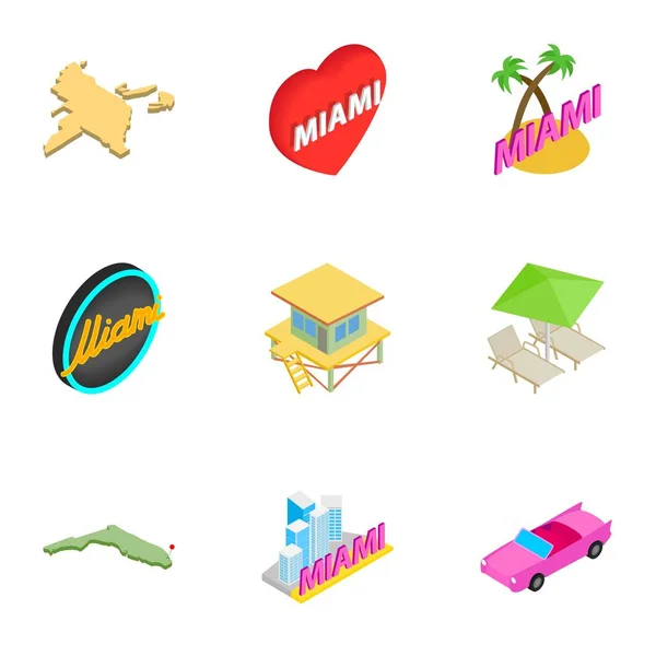 Miami Icons Set, isometrischer 3D-Stil — Stockvektor