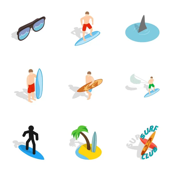 Surfen iconen set, isometrische 3D-stijl — Stockvector