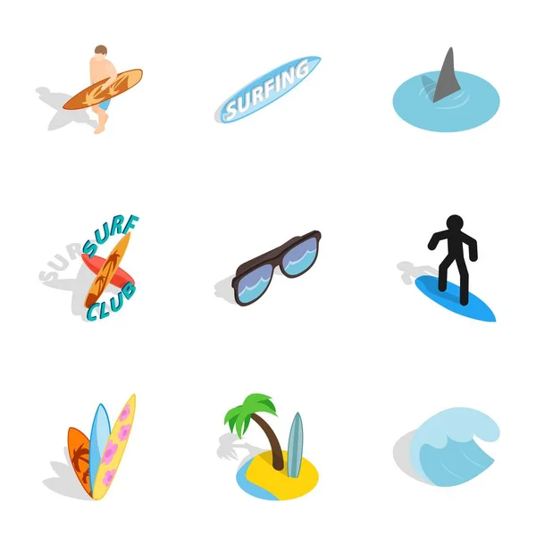 Set di icone per elementi da surf, stile isometrico 3d — Vettoriale Stock