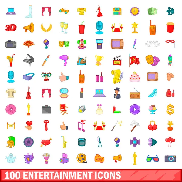 100 zestaw ikon rozrywki, styl kreskówki — Wektor stockowy